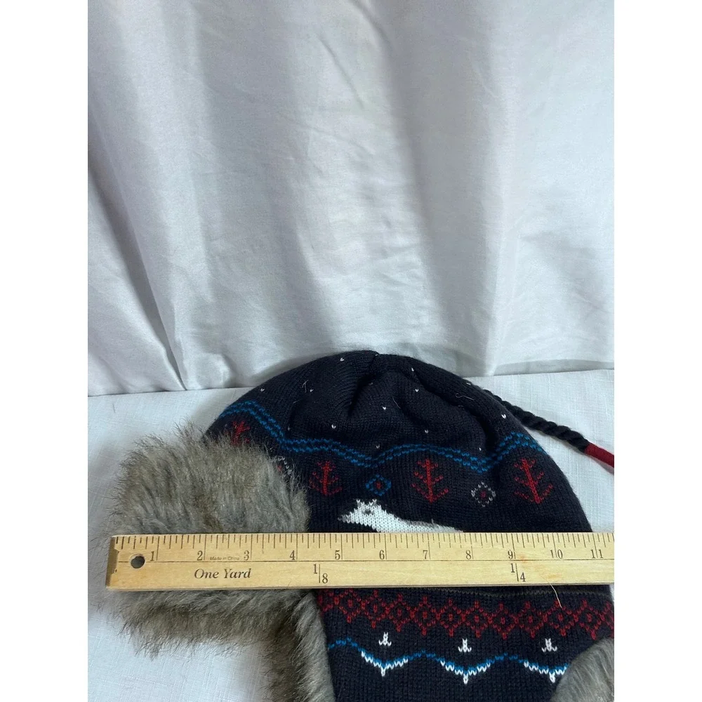 Fox Fair Isle Trapper Hat One Size Navy Blue Faux Fur Kids